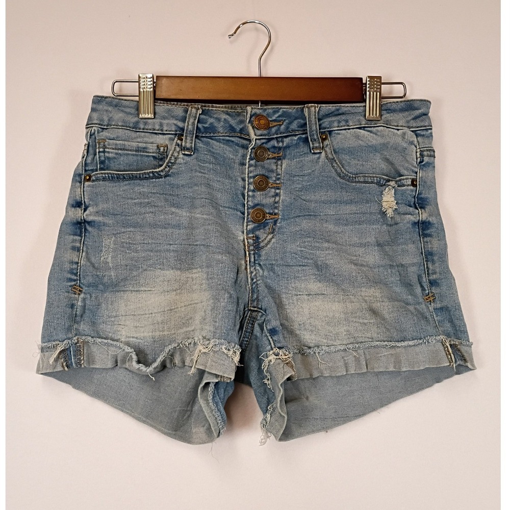 Boho Y2K Mudd Junior 7 Blue Distressed Button Fly Frayed Denim Shorts